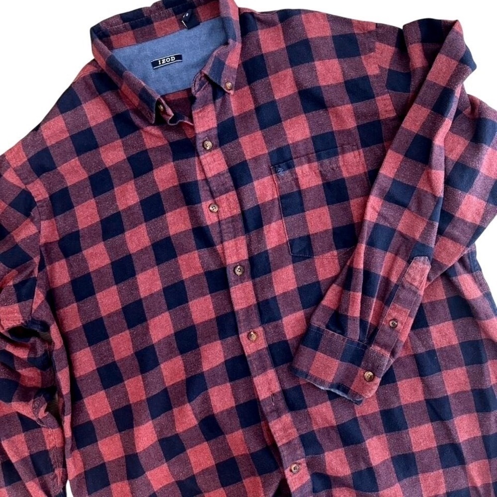 IZOD Mens Buffalo Check Flannel Shirt Burgundy Navy Blue Plaid XL Long Sleeve